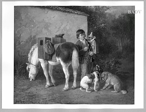 a comedian-boy with horse and monkey, 1832, Theodor Hosemann