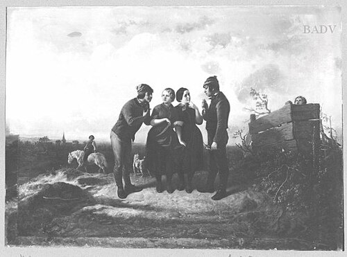 Zwei Liebespaare, zwei Burschen, die zwei Mädchen einen Antrag machen, 1854, Theodor Hosemann