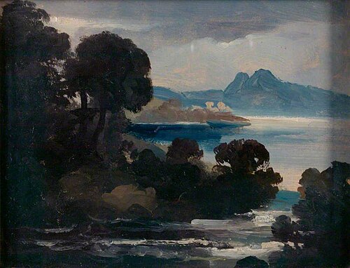Landscape with a River, a Lake and Mountains (possibly Castle Urquhart on Loch Ness) (oil sketch), , John Thomson