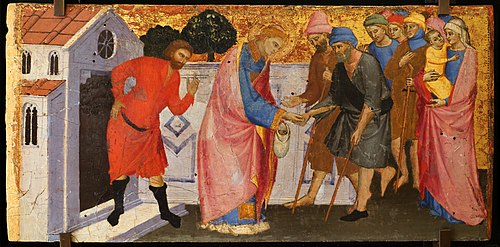 Saint Laurent distribue aux pauvres et aux malades les trésors légués par l'empereur déchu, Philippe, 1450, Mariotto di Nardo