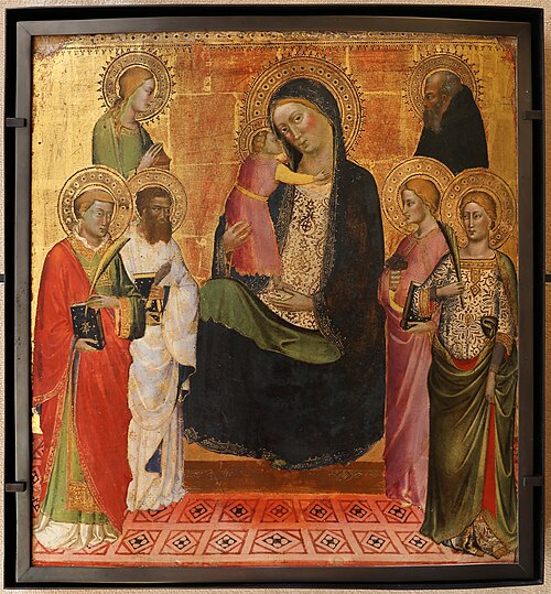La Vierge et l'Enfant avec six saints : Laurent, Barthélemy, Madeleine, Catherine (?), Lucie (?), An, 1450, Mariotto di Nardo