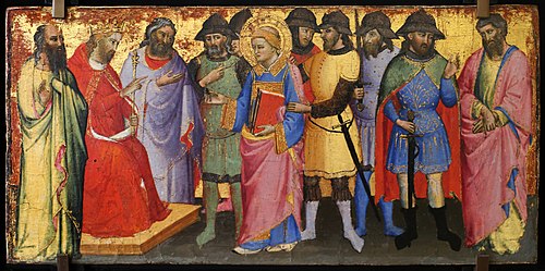 Le nouvel empereur Dèce interroge saint Laurent sur les trésors de Philippe et lui donne trois jours, 1450, Mariotto di Nardo