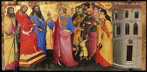 Saint Laurent rassemble les pauvres et les malades, et les présente à l'empereur comme les vrais tré, 1450, Mariotto di Nardo
