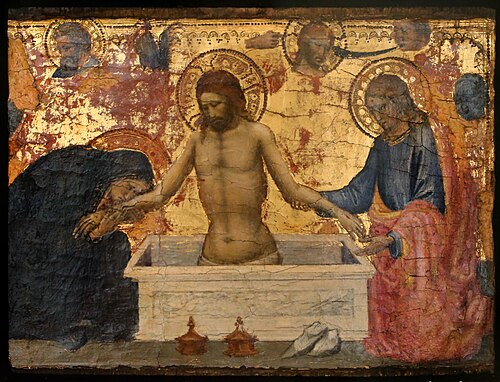 Scènes de la Vie du Christ : Christ au sépulcre entre la Vierge et saint Jean., 1450, Mariotto di Nardo