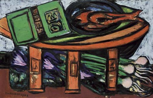 Still life with green book and radish, 1949, Max Beckmann