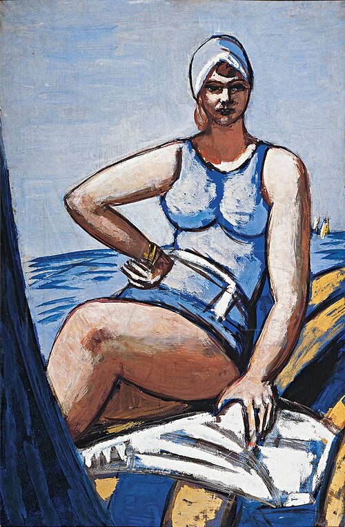 Quappi in blue in a boat, 1950, Max Beckmann