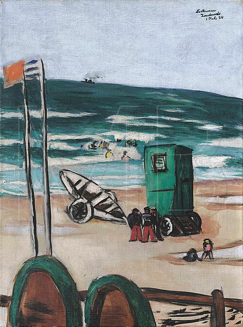 Bathers with Green Cabin and Boatmen in Red Trousers, 1934, Max Beckmann