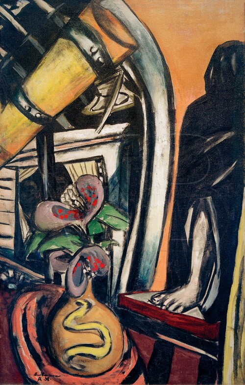 Studio (Night). Still Life with Telescope and Covered Figure / Still life with telescope and veiled , 1934, Max Beckmann