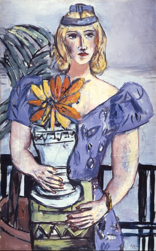 Girl in Blue with Yellow Flowers and Green Sea  / Woman with Flower Pot, 1941, Max Beckmann