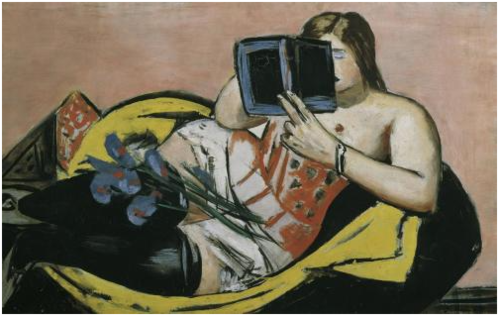 Reclining woman with book and irises, 1931, Max Beckmann