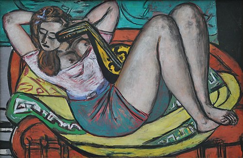 Woman with mandolin in yellow and red, 1950, Max Beckmann