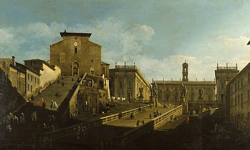 Piazza del Campidoglio with Santa Maria d'Aracoeli, Rome, 1742, Bernardo Bellotto