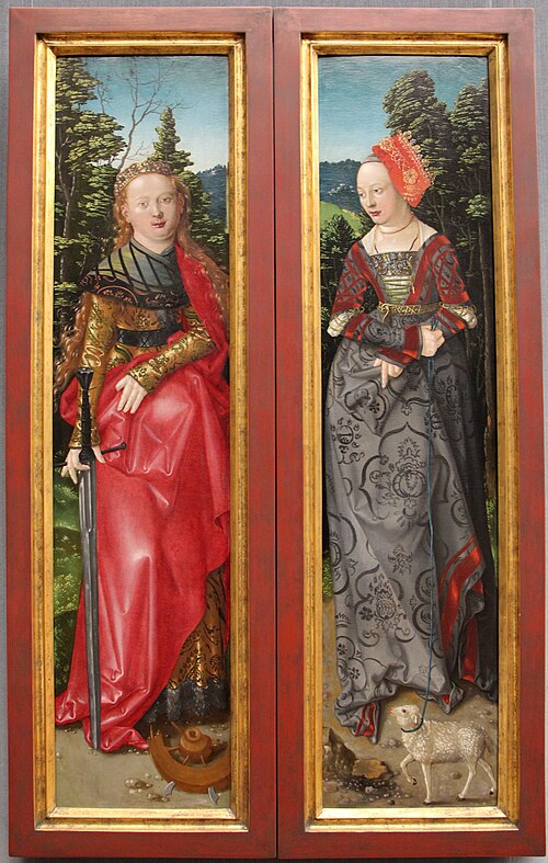 Der Dreikönigsaltar Außentafeln: Die Heiligen Katharina und Agnes, 1506, Hans Baldung Grien