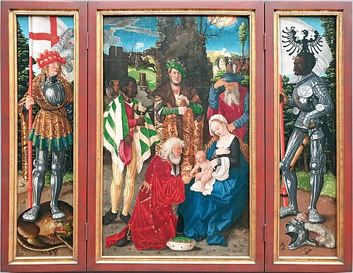 Der Dreikönigsaltar Innentafeln: Anbetung der Könige, der Heilige Georg und der Heilige Mauritius, 1506, Hans Baldung Grien