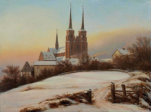 View of the Cathedral of Roskilde in winter, 1828, Johan Christian Dahl