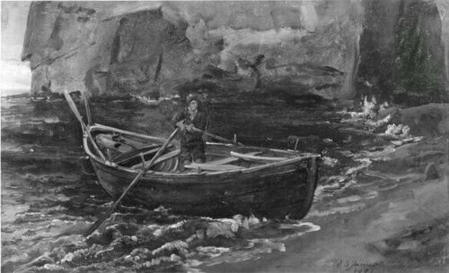 Boat in southern rocky bay, 1821, Johan Christian Dahl