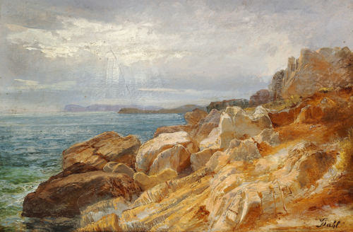 A rocky coast. The sun is breaking through the sky, , Johan Christian Dahl