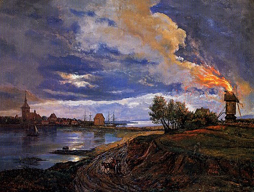 Burning Windmill at Stege, 1856, Johan Christian Dahl