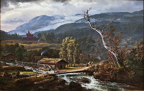 Paysage à Kaupanger avec église en bois debout, 1847, Johan Christian Dahl