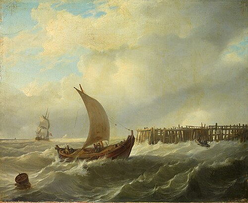 Seestück. Mole mit Schiffen bei bewegter See, , Karl Friedrich Schulz
