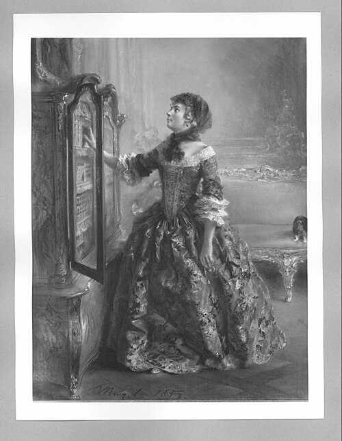 Dame in Rokoko-Kostüm vor einem Bücherschrank (Prinzessin Amalie von Hohenzollern), 1853, Adolph von Menzel