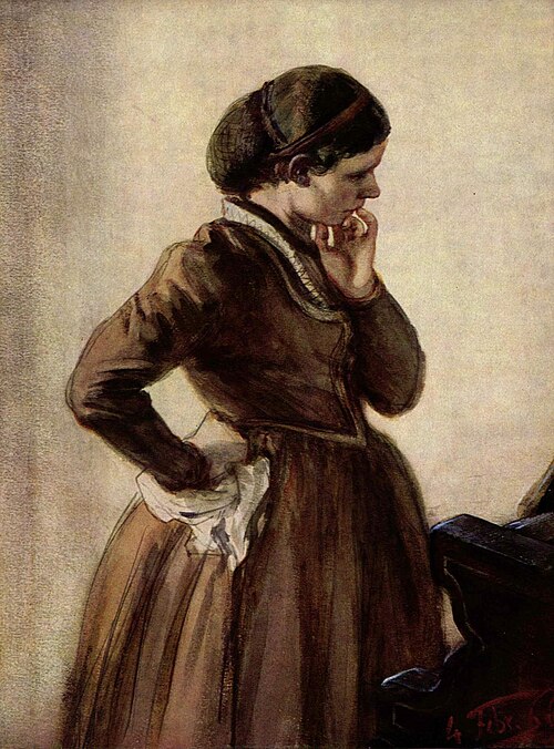 Emilie Menzel am Klavier stehend, 1866, Adolph von Menzel