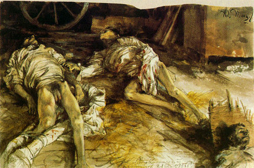 Drei gefallene Soldaten in einer Scheune, 1866, Adolph von Menzel