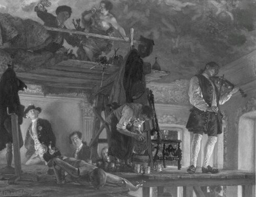 Kronprinz Friedrich besucht den Maler Pesne auf dem Malgerüst in Rheinsberg, 1861, Adolph von Menzel