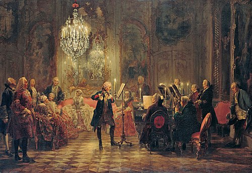 Frederick the Great Playing the Flute at Sanssouci, 1852, Adolph von Menzel