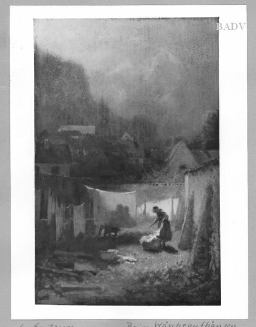 bed-sheets drying in a court yard, 1854, Carl Spitzweg