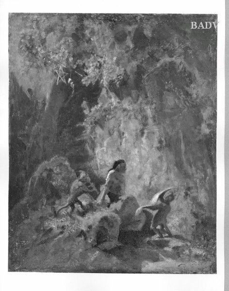 Hermite with 2 monkeys at rock-grotto "Zauberei", 1854, Carl Spitzweg