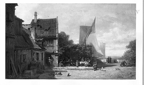 Strandbild mit alten Häusern und zwei Segelbooten, 1854, Carl Spitzweg