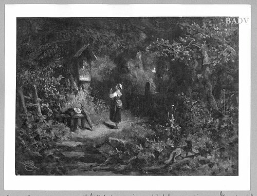 girl praying at a shrine under trees, 1833, Carl Spitzweg