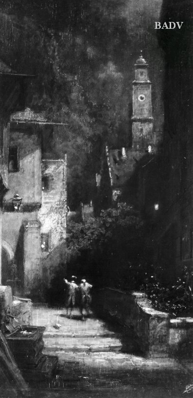 a street at night with two men, 1833, Carl Spitzweg
