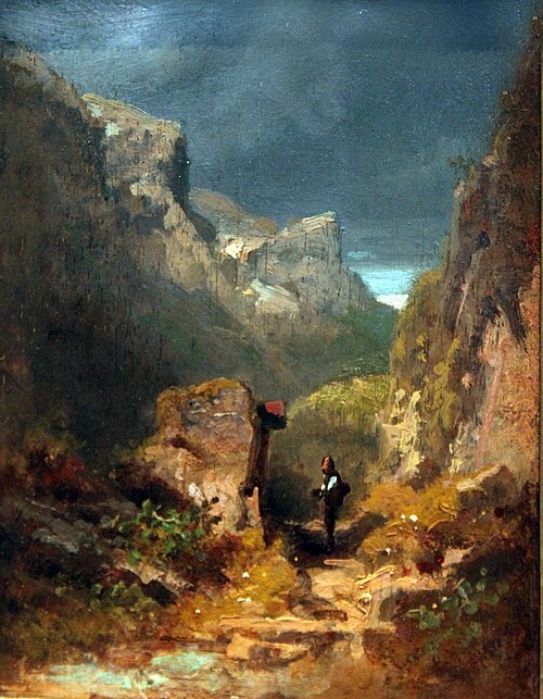 Paysage de montagnes avec un reliquaire sur un rocher, 1900, Carl Spitzweg