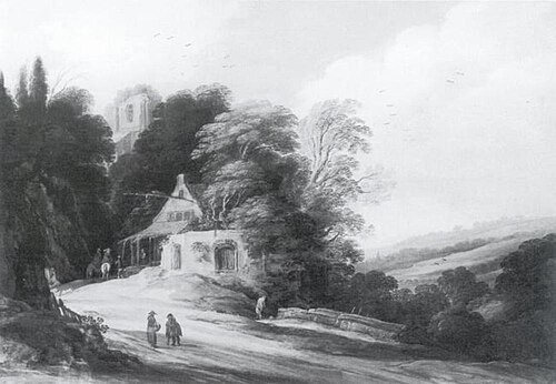 Wooded landscape with travellers outside a ruined inn, 1625, 1625, Pieter Dircksz Santvoort