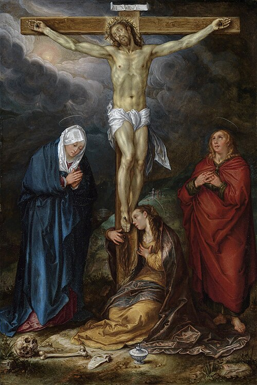 Crucified Christ with Mary, John the evangelist and Mary Magdalene, 1600, Hendrik Goltzius