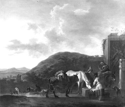 Italianiserend landschap met lastdieren bij een bron, 1656, Herman Lin