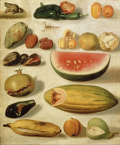 Still life with fruit (with scorpion and frog), 1874, Hermenegildo Bustos