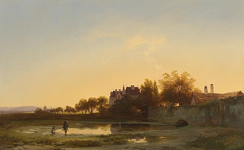 Angler in the evening light by the castle pond, 1857, Ignaz Raffalt