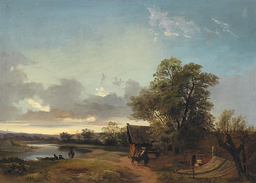 River Landscape in the Evening Light with decorative figures, 1857, Ignaz Raffalt