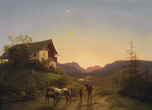 Abendstimmung vor weiter Landschaft mit Pferden, 1857, Ignaz Raffalt