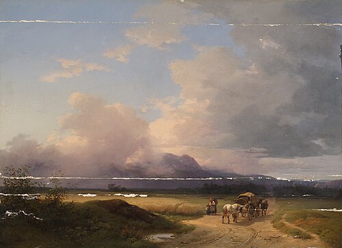 Voralpenlandschaft mit Fuhrwerk auf der Straße, 1847, Ignaz Raffalt