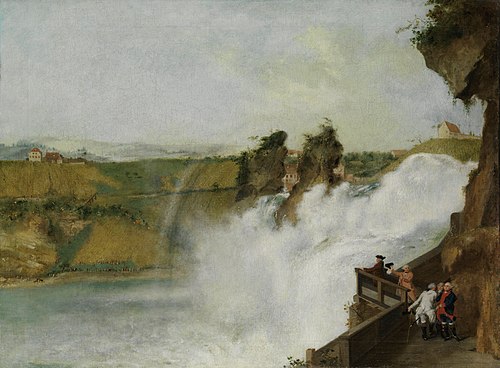 Der Rheinfall bei Schaffhausen mit Kurfürst Karl Theodor von der Pfalz und Gefolge, 1759, Philipp Hieronymus Brinckmann