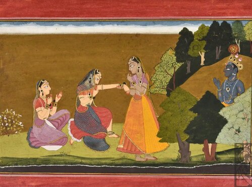 Friends persuading hesitant Radha to enter the bower of love where Krishna awaits her, 1730, Manaku