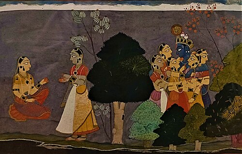 A confidante narrating to Radha Krishna's dalliance with gopies, 1730, Manaku