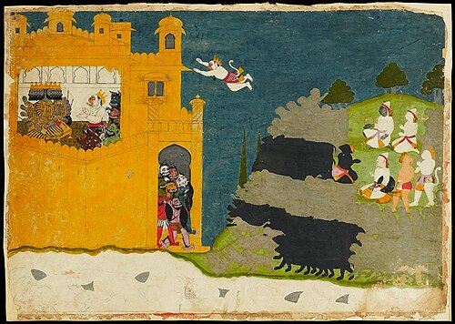 The Monkey Prince Angada delivers Rama’s message to Ravana; folio from the Siege of Lanka series, 1725, Manaku