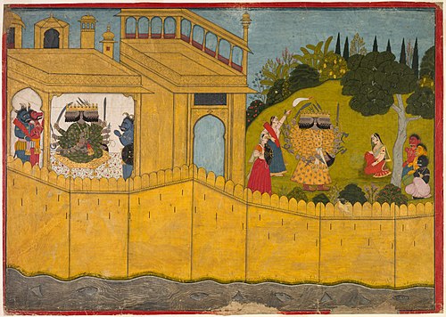 Ravana addresses Sita in the garden of Lanka, from Chapters 53 and 54 of the Aranya Kanda (Book of t, 1725, Manaku
