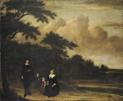 Family portrait in a landscape, 1670, Philips Koninck