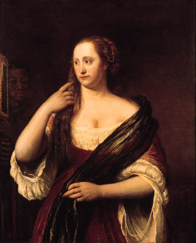 Portrait of a young woman looking into a mirror, holded by a black servant, 1666, Philips Koninck